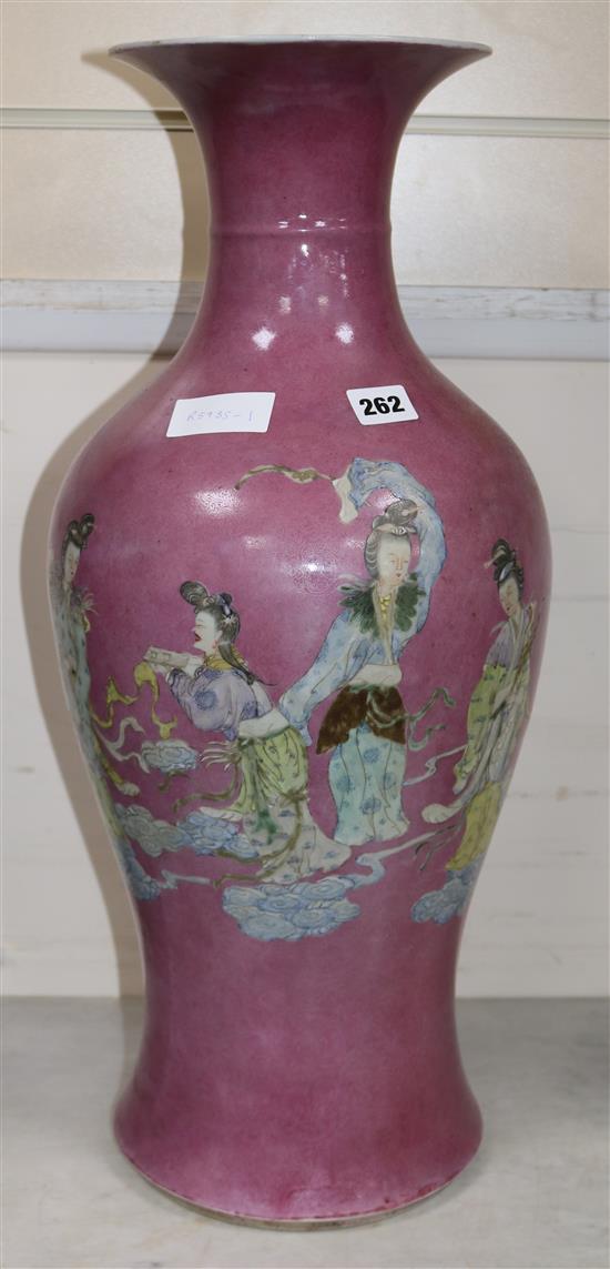 A large 19th century pink sgraffito ground baluster vase, Qianlong seal mark height 60cm